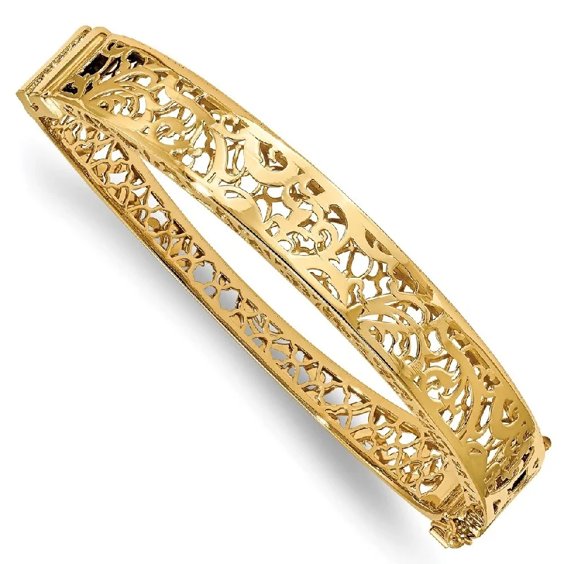 Women’s thick cuff bracelets-14k Yellow Gold 10mm Hollow Fancy Bangle Bracelet, 7.25"