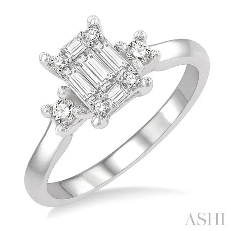 Women's engraved engagement rings-1/2 ctw Fusion Baguette and Round Cut Diamond Engagement Ring in 14K White Gold