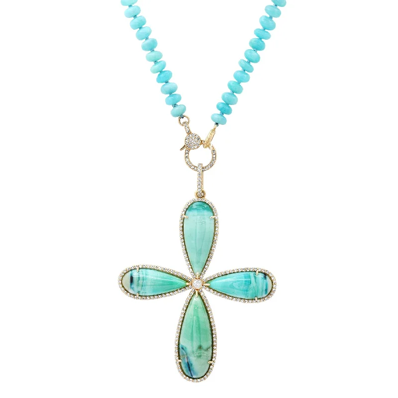 Women’s chunky necklaces-One of a Kind Indonesian Opal Cross Pendant with Amazonite Knotted Necklace