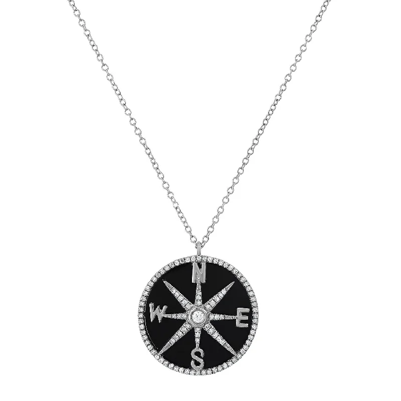 Women’s delicate silver necklaces-Onyx and Diamonds Compass Necklace