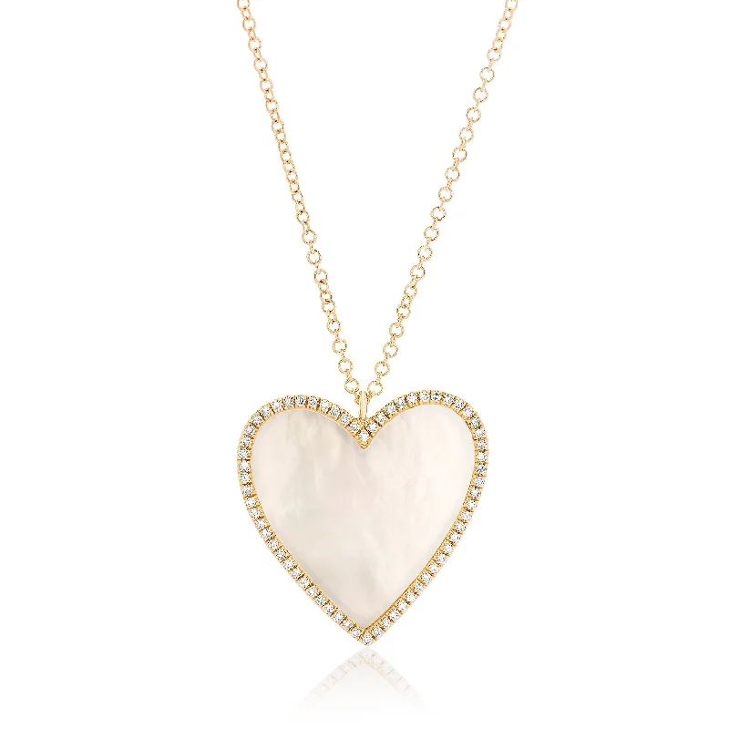 Women’s classic pearl necklaces-Mother of Pearl Large Heart with Diamond Frame Necklace