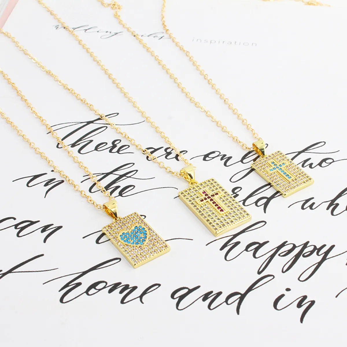 Women’s classic necklaces-New Style Cross Heart Square Pendant Copper Gold Plated Inlaid Zircon Necklace