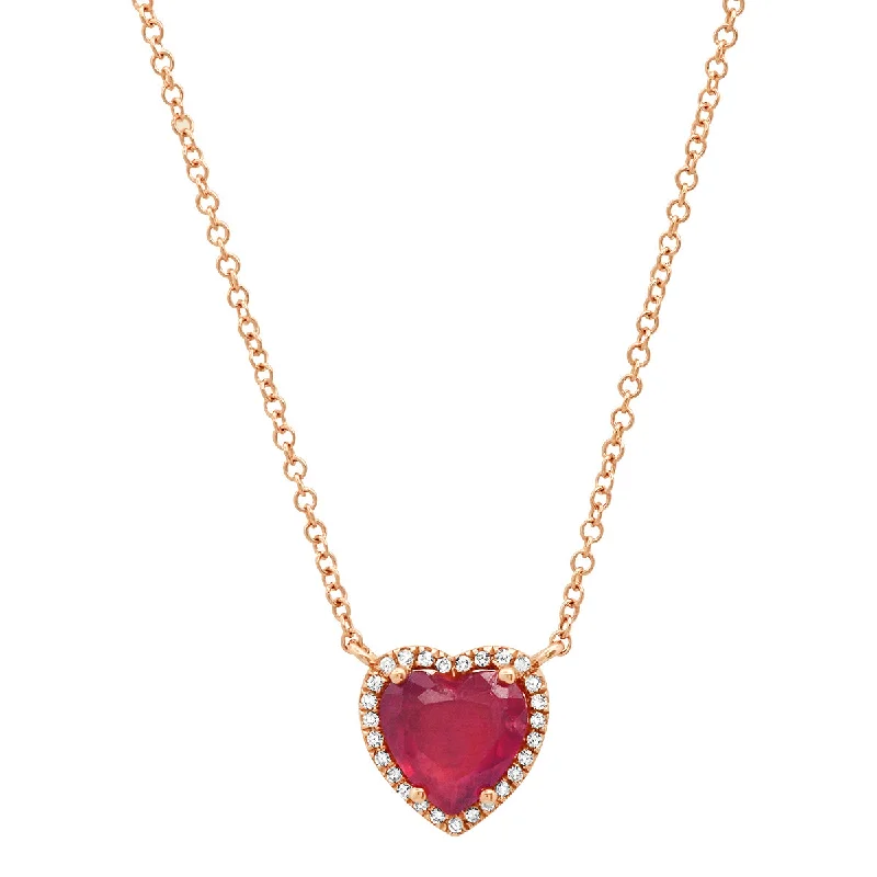 Women’s elegant pendant necklaces-Gemstone Heart with Diamond Halo on Thin Cable Chain Necklace