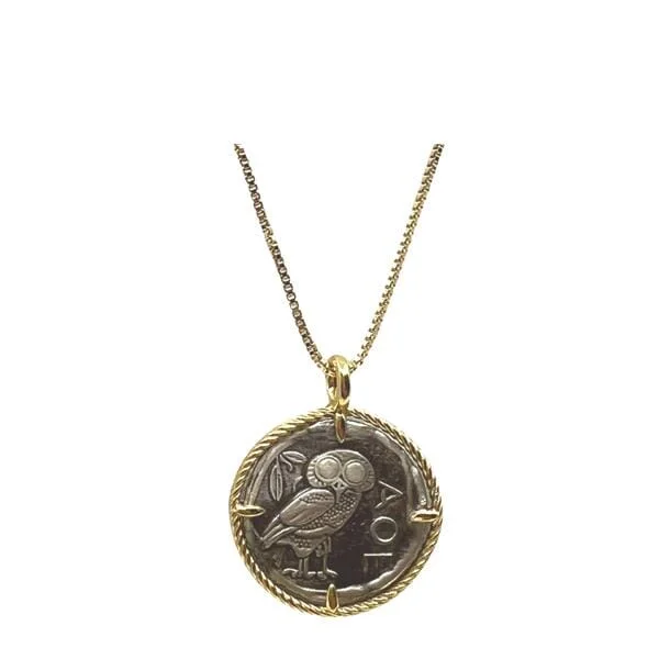 Women’s layered silver necklaces-Coin: Athena Owl Sterling Silver With 14kt Gold Necklace (NGCP46OWL)