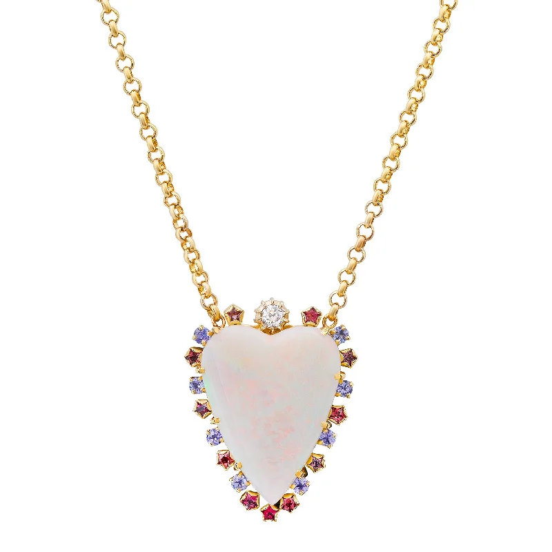 Women’s delicate gold necklaces-Jumbo Opal Heart Necklace with Precious Stone Frame