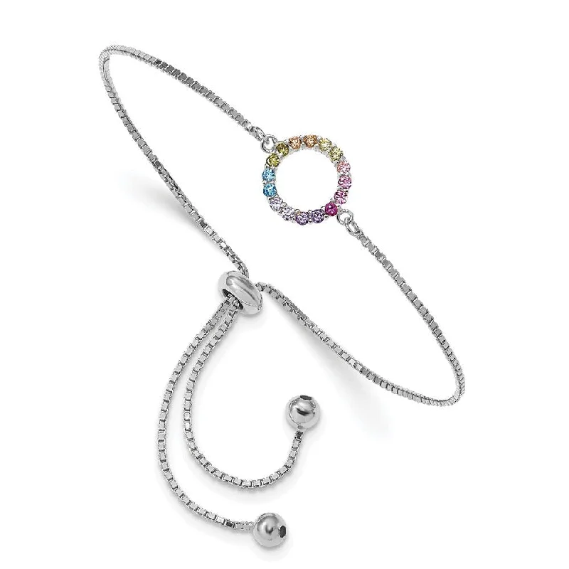 Women’s silver cuff bracelets-925 Sterling Silver Rhodium-plated Colorful Cubic Zirconia Open Circle Bolo Bracelet