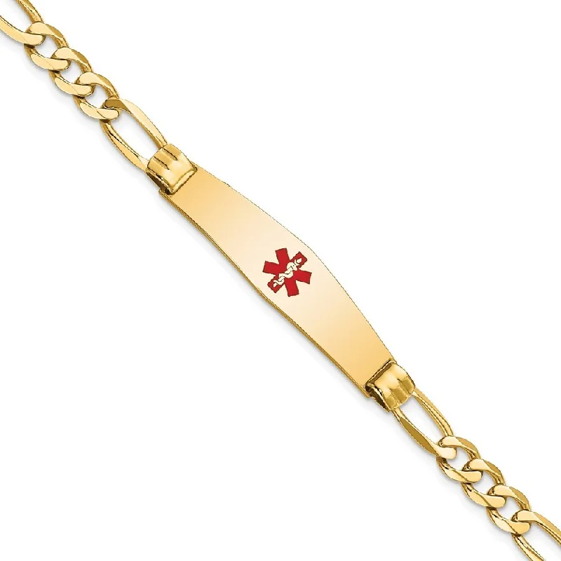 Women’s sterling silver bracelets-14k Yellow Gold 9.5mm Medical Soft Diamond Shape Red Enamel Figaro ID Bracelet, 7"