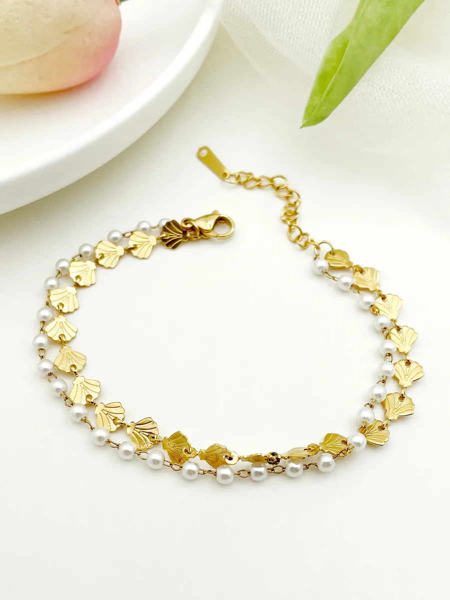 Women’s diamond bracelets-Elegant Ginkgo Leaf 304 Stainless Steel Gold Plated Pearl Bracelets In Bulk