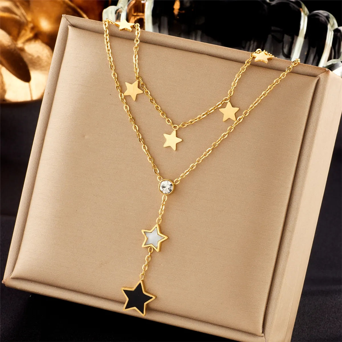 Women’s gold-plated necklaces-Fashion Star Titanium Steel Inlay Artificial Gemstones Layered Necklaces 1 Piece