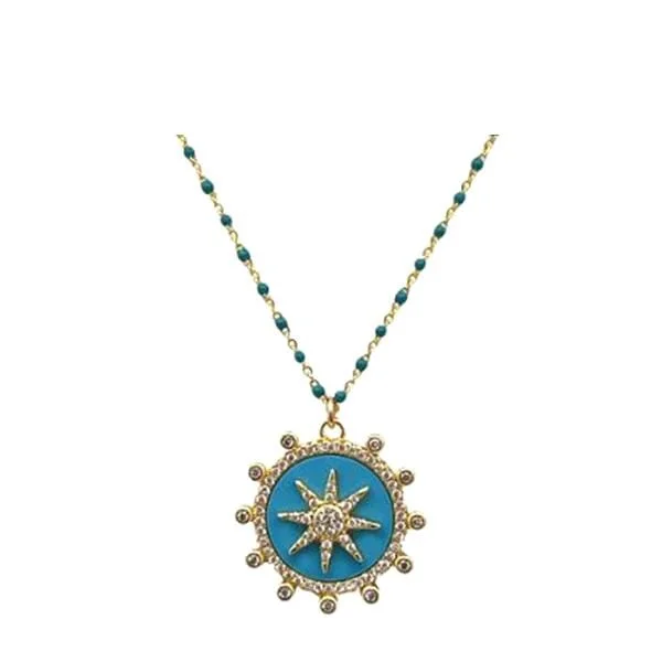 Women’s birthstone necklaces-Enamel Starburst Charm on Plated or Gold Vermeil Beaded Chain:Turquoise (_NGP756TQ)