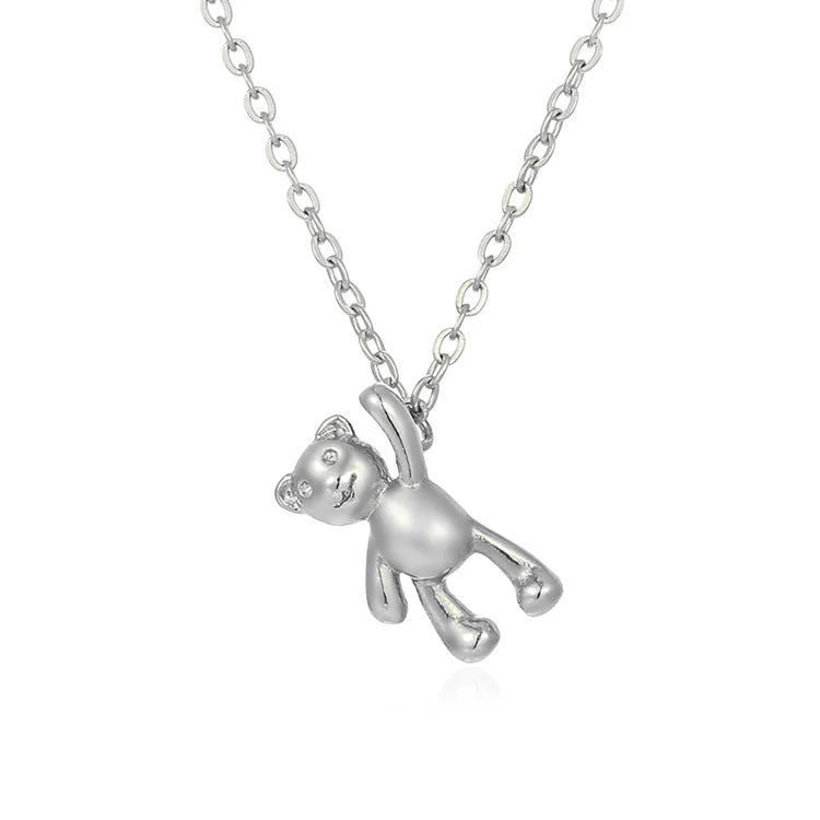 Mini Waving Bear Pendant Necklace Steel Color