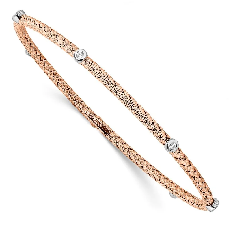 Women’s cubic zirconia bracelets-925 Sterling Silver Rose Gold-plated 2.75mm Cubic Zirconia Textured Bangle Bracelet, 8"