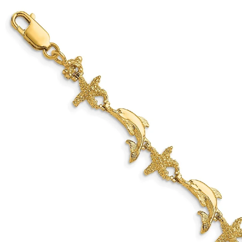 Women’s layered bracelets-14k Yellow Gold 8.35mm Dolphin and Starfish Bracelet, 7.5"