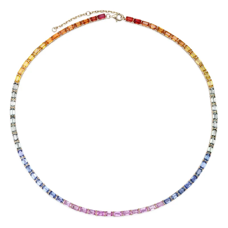 Women’s heart pendant necklaces-One of a Kind Emerald Cut Sapphire Rainbow Tennis Necklace