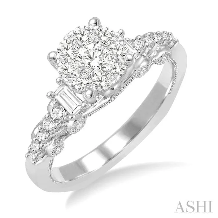 Women's solitaire engagement rings with side diamonds-3/4 ctw Round and Baguette Diamond Lovebright Engagement Ring in 14K White Gold