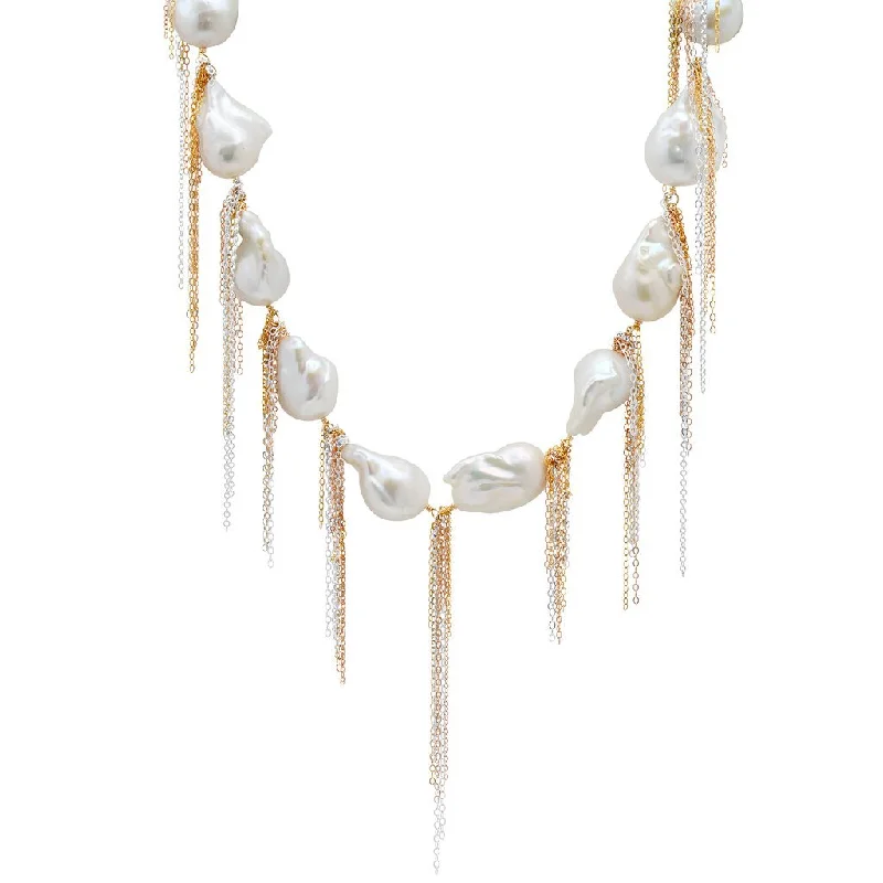 Women’s engraved gold necklaces-White Baroque Pearl Fringe Chain Necklace