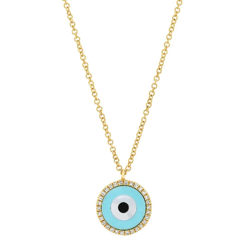 Women’s gold chain necklaces-Turquoise & Mother of Pearl Inlay Evil Eye with Diamond Frame Necklace