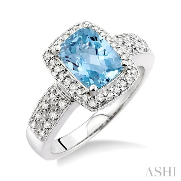 Women's unique engagement rings with diamonds-8x6mm Cushion Cut Aquamarine and 1/3 Ctw Round Cut Diamond Ring in 14K White Gold