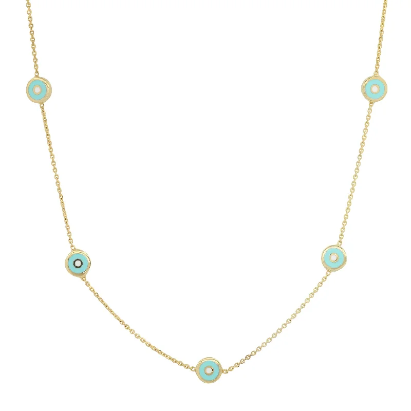 Women’s designer gemstone necklaces-Turquoise Enamel Evil Eye Station Necklace