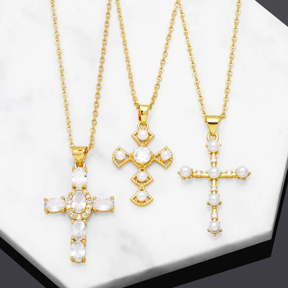 Women’s gold necklaces-Fashion Cross Copper Plating Artificial Pearls Zircon Pendant Necklace 1 Piece