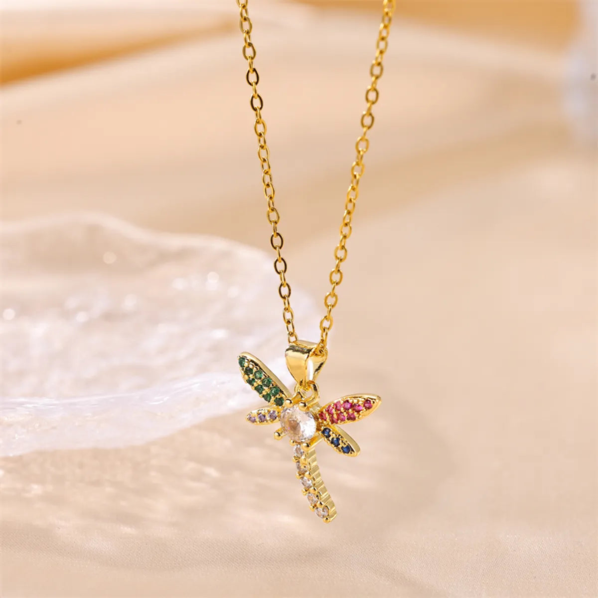 Women’s birthstone pendants-Cute Dragonfly Stainless Steel Copper Plating Inlay Zircon 18k Gold Plated Pendant Necklace