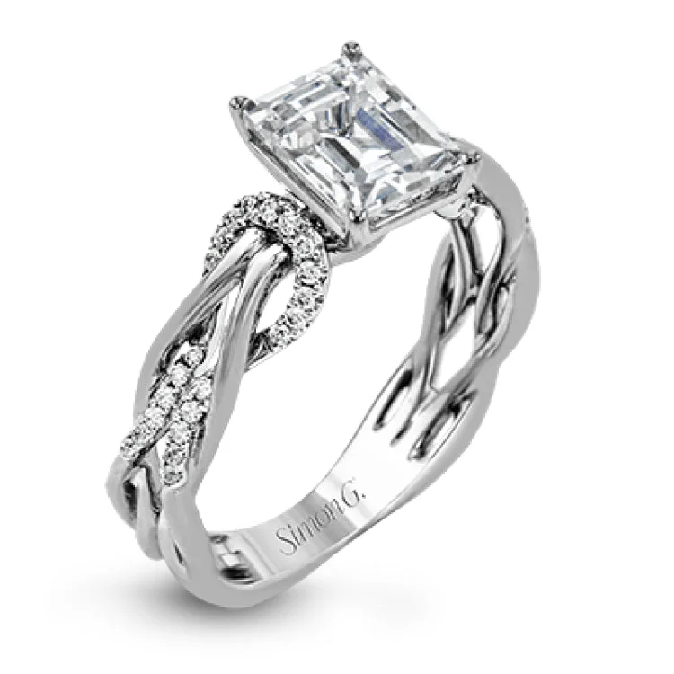 Women's solitaire engagement rings with side diamonds-This impressive contemporary white engagement ring features a unique twisting design on the shank, which is complemented by .17 ctw of round cut white diamonds.