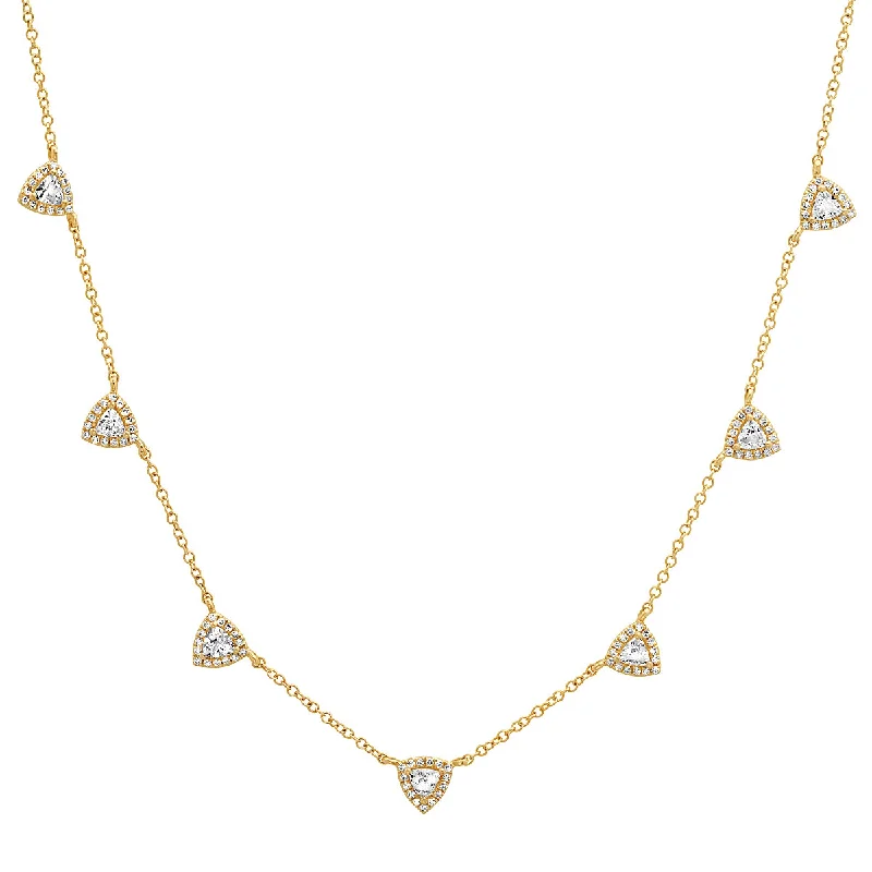 Women’s designer necklaces-White Topaz Triangles with Diamond Halo Station Necklace