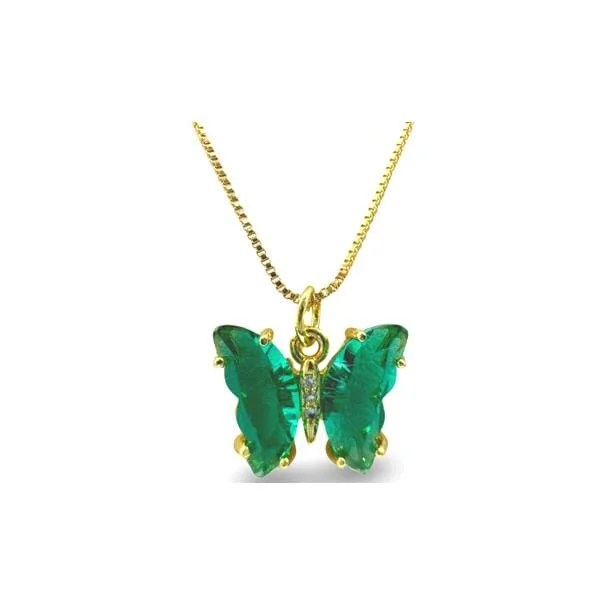 Women’s birthstone pendants-Glass Butterfly Pendant On Gold Fill Chain Emerald (NGCP5BFLEM)