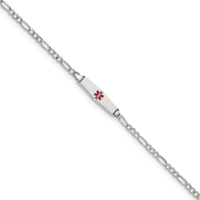 Women’s simple bangles-14k White Gold 6mm Medical Semi-Solid Soft Diamond Shape Red Enamel Figaro ID Bracelet, 6"